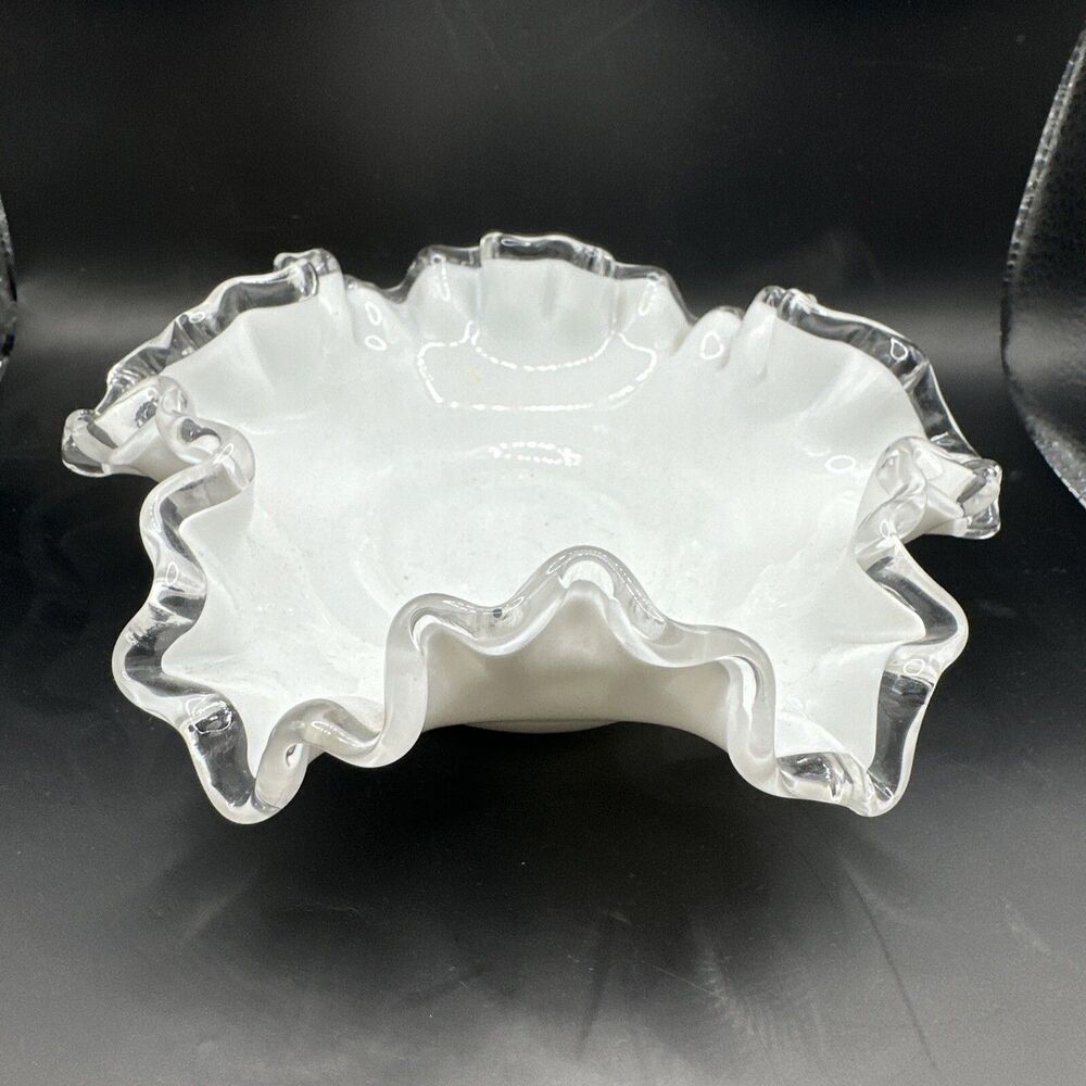 Vintage Fenton Silver Crest Ruffled Candy Dish Bon Bon Dish Milk Glass 6"
